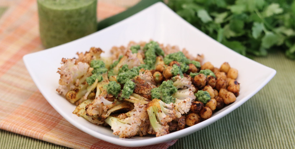 Roasted Cauliflower and Chickpeas with Zhoug Sauce