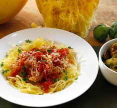 Baked Chicken Parmesan over Spaghetti Squash Noodles