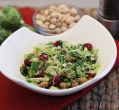Shredded Brussels Sprouts with Pistachios, Cranberries and Parmesan