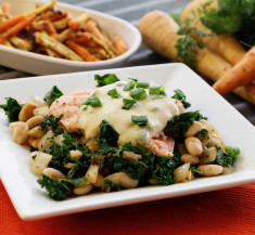 Salmon with White Beans, Kale and Honey Mustard Sauce