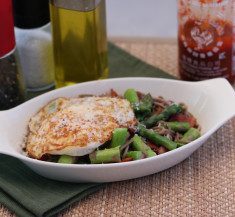 Egg-Topped Soba Noodles with Asparagus and Bacon