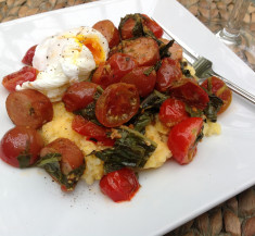 Polenta Bowl with Spinach, Chicken Sausage and Poached Egg