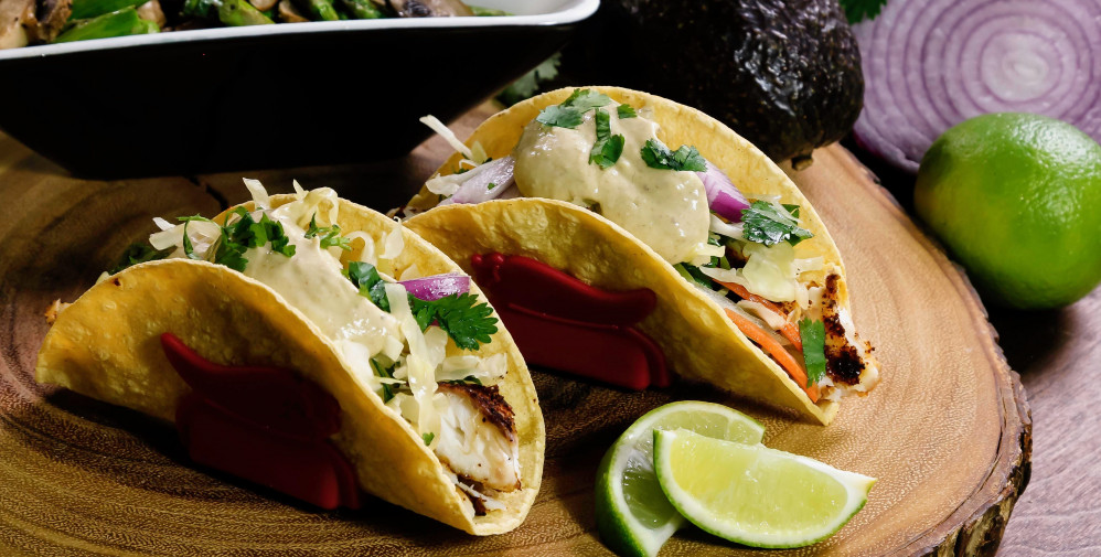 Fish Tacos with Simple Slaw and Avocado Cream