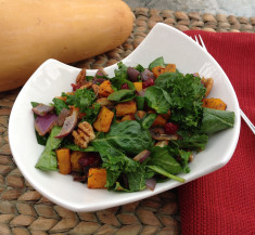 Roasted Butternut Squash with Wilted Greens, Cranberries and Pecans