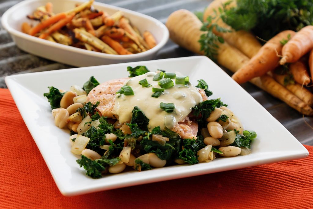 Photo of the Salmon with White Beans, Kale & Honey Mustard Sauce from the Eat REAL America website