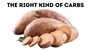 Image of whole and sliced sweet potatoes with the caption "The Right Kind of Carbs"