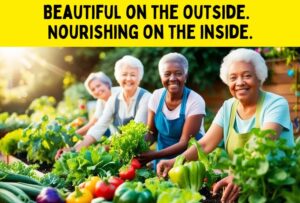 Photo of 4 women harvesting beautiful vegetables with the caption "Beautiful on the Outside. Nourishing on the Inside."