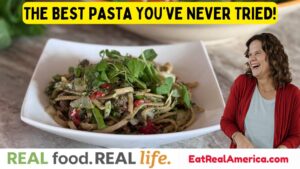 Image of Krista and a photo of the Lamb Pasta with Mint Pesto, along with the caption "The Best Pasta You've Never Tried"  This is part of our REAL food. REAL Life. series.