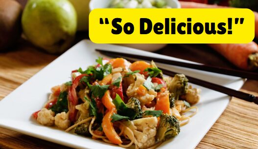 Photo of the Thai Vegetable Noodle Stir Fry from the Eat REAL America website with the caption "So Delicious!"