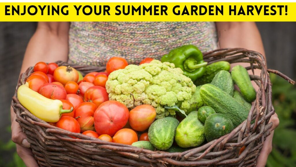 Image of someone holding a big basket of summer produce with the caption "Enjoying Your Summer Garden Harvest!"