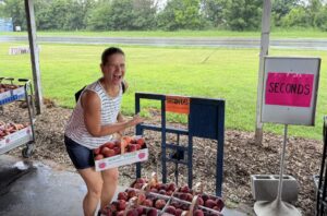 Photo of Krista buying "seconds" peaches from a local orchard.