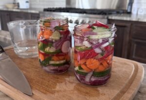 Photo of the quick-pickled veggies that go on the Banh Mi Burger Bowl
