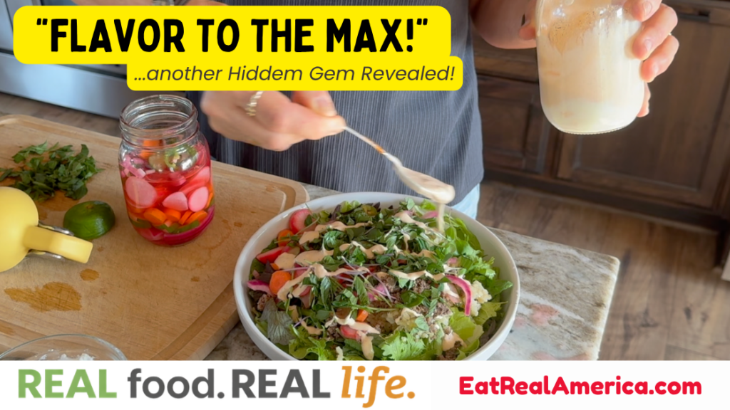 Photo of the Banh Mi Burger Bowl with the caption "Flavor to the Max!...another Hidden Gem Revealed!"  This is part of the REAL food. REAL life. series